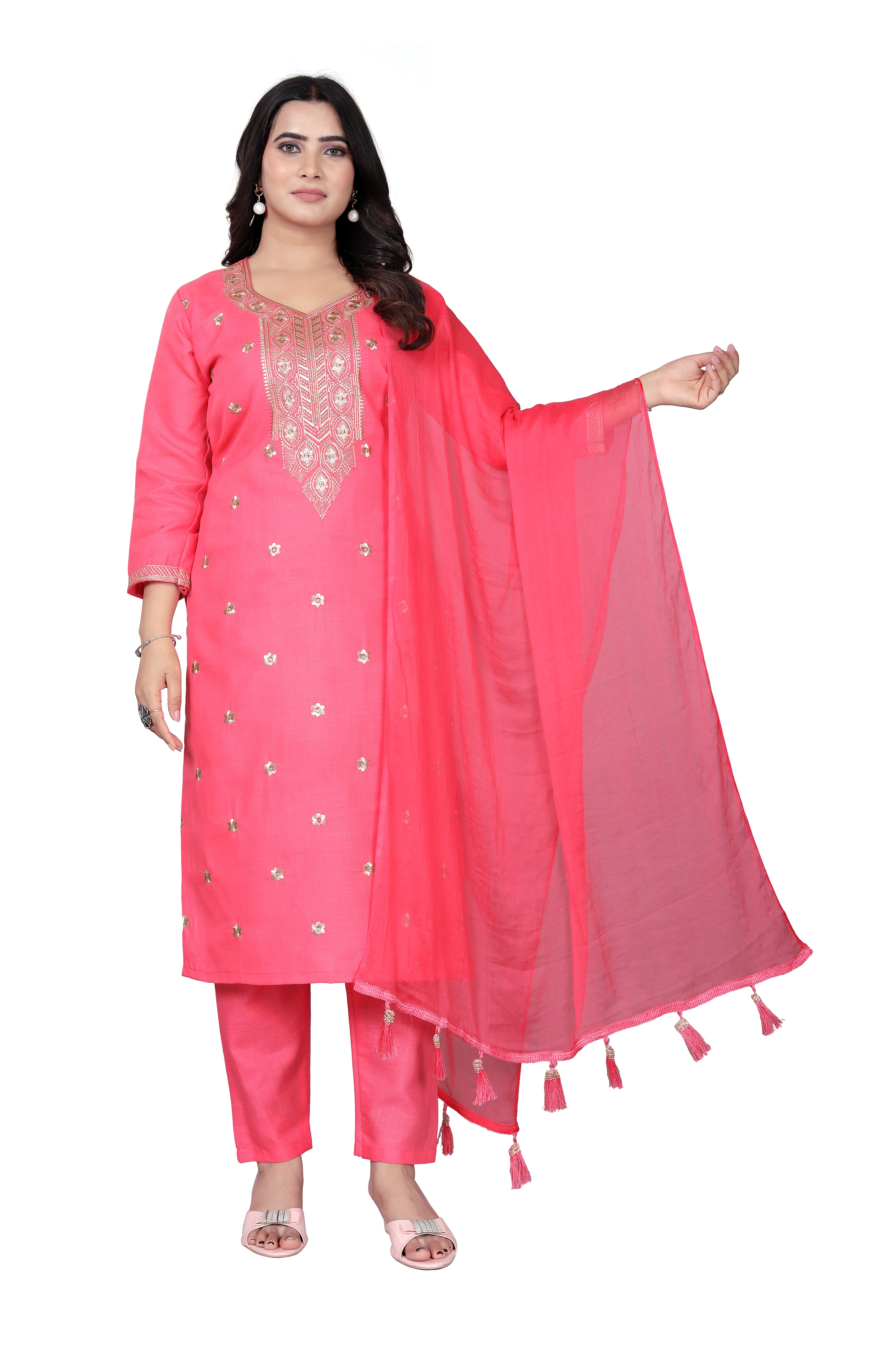 Elevate your ethnic wardrobe with this elegant pink embroidered kurta set from YOMLEX.