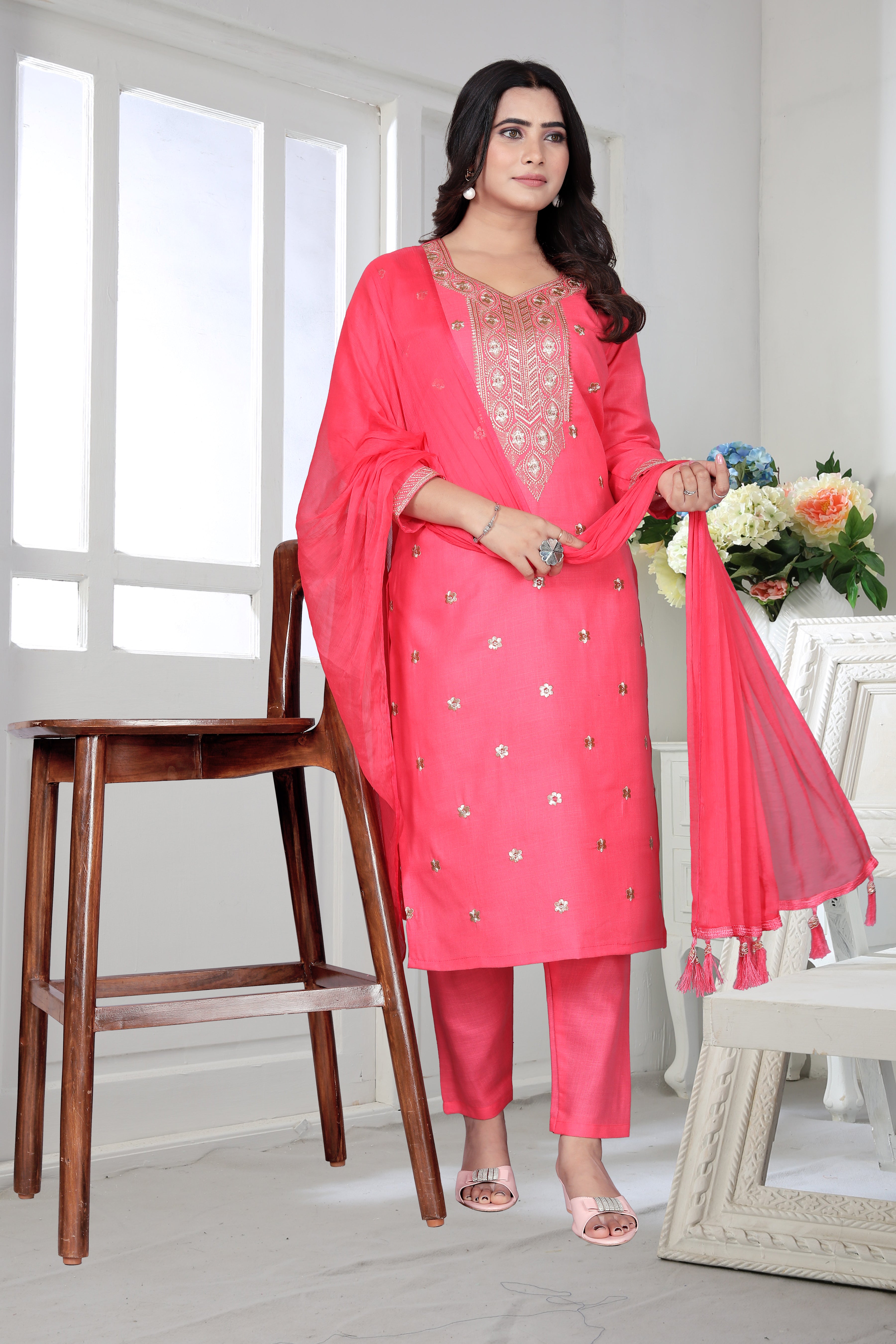 Elevate your ethnic wardrobe with this elegant pink embroidered kurta set from YOMLEX.