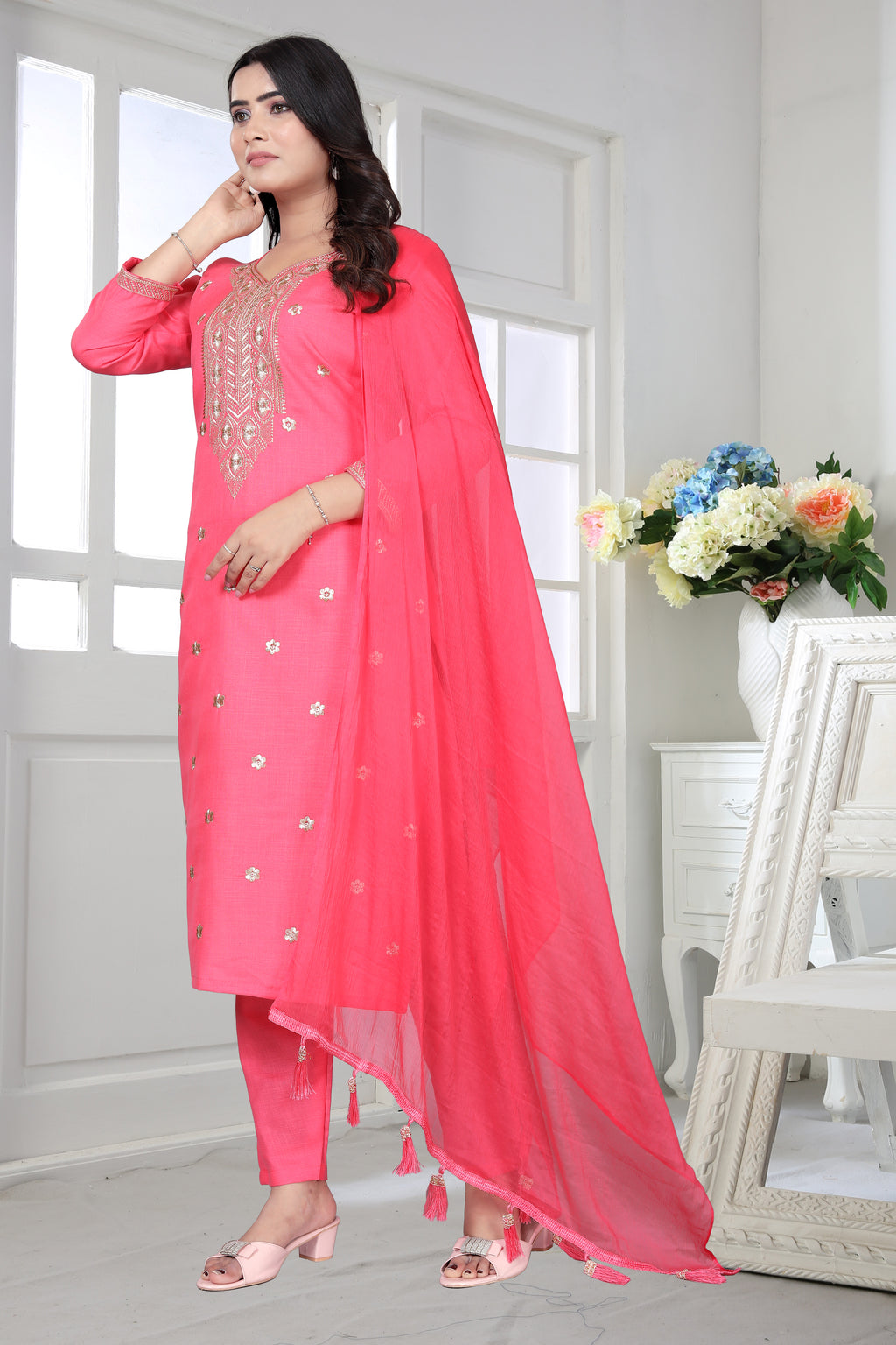 Elevate your ethnic wardrobe with this elegant pink embroidered kurta set from YOMLEX.