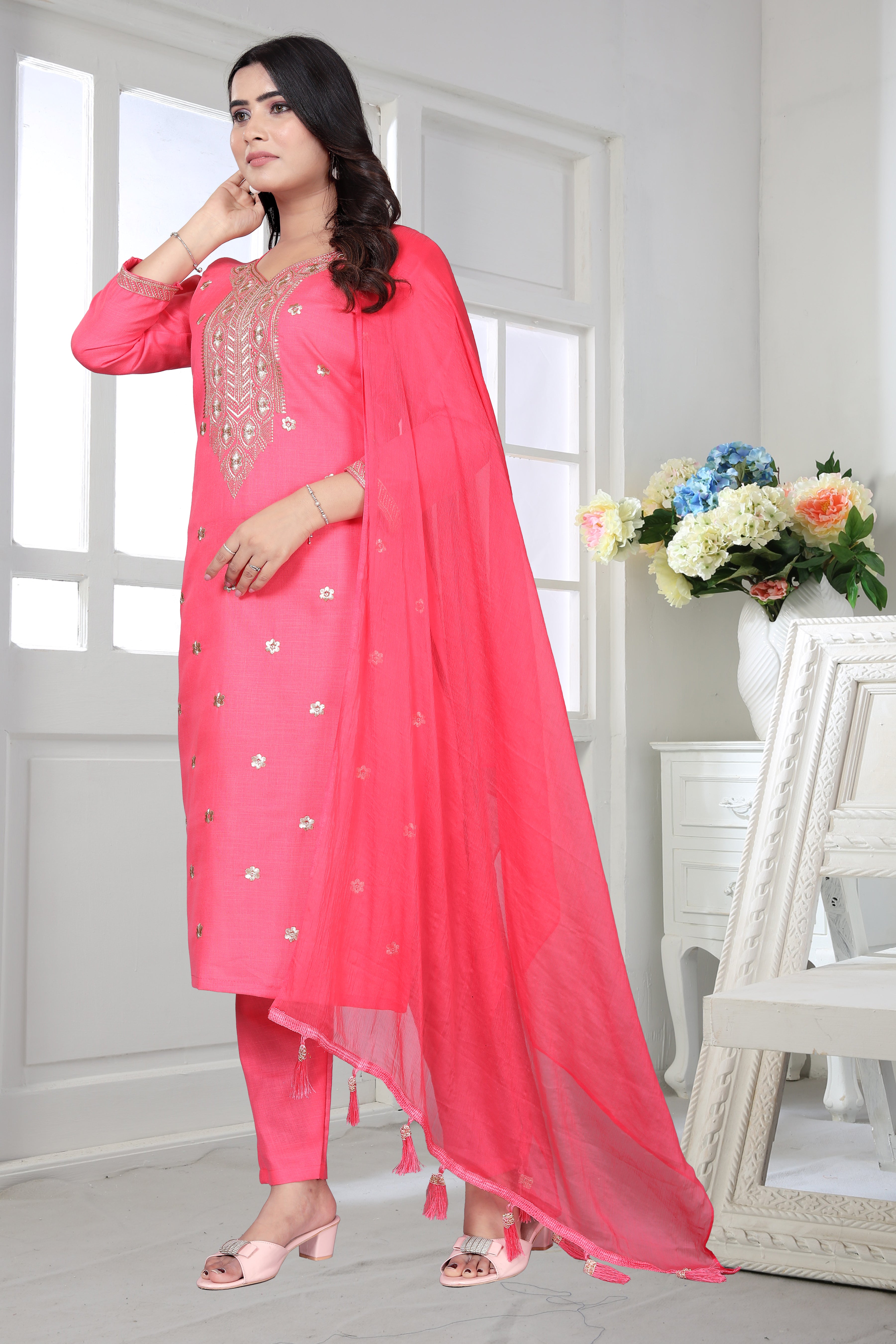 Elevate your ethnic wardrobe with this elegant pink embroidered kurta set from YOMLEX.