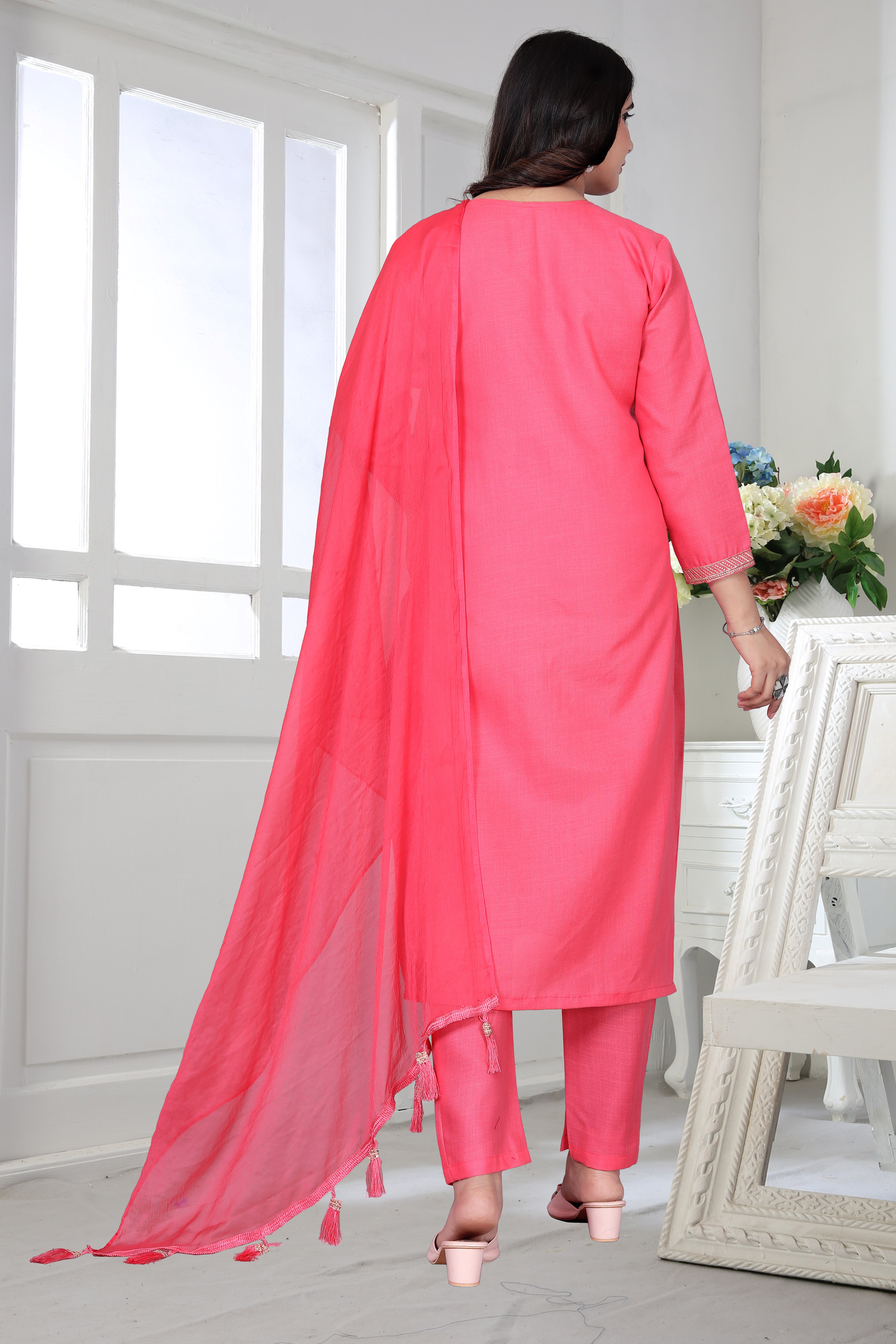 Elevate your ethnic wardrobe with this elegant pink embroidered kurta set from YOMLEX.